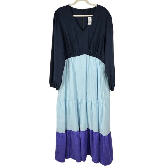 Prairie Tiered Crepe Maxi Dress Sz 18 Navy Purple Sky Blue Cottage Tradwife NEW! - Picture 1 of 15